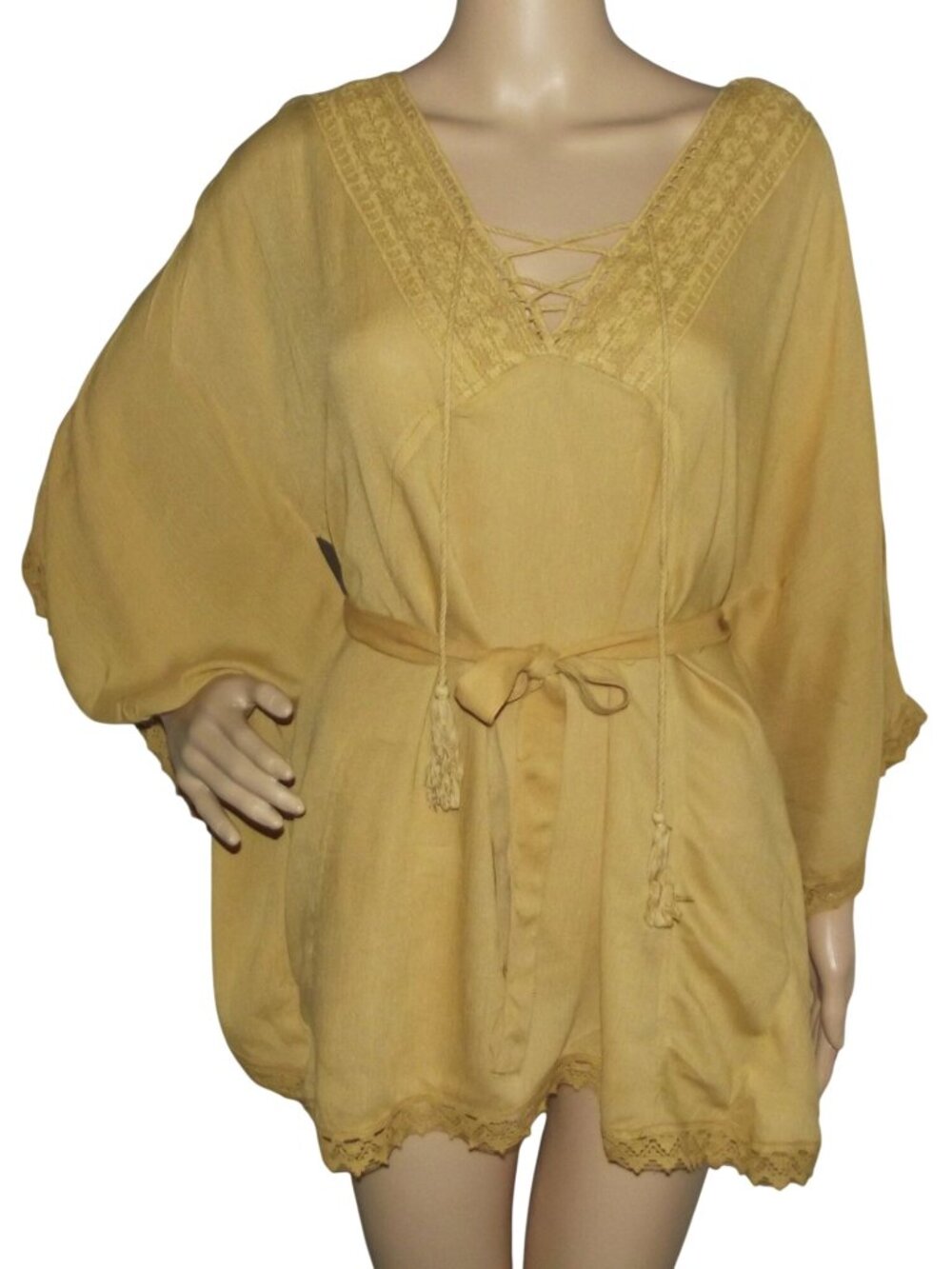Ace Fashion Tunic Shirt Woman Small Medium S/M Gold lace up v-neck caftan
